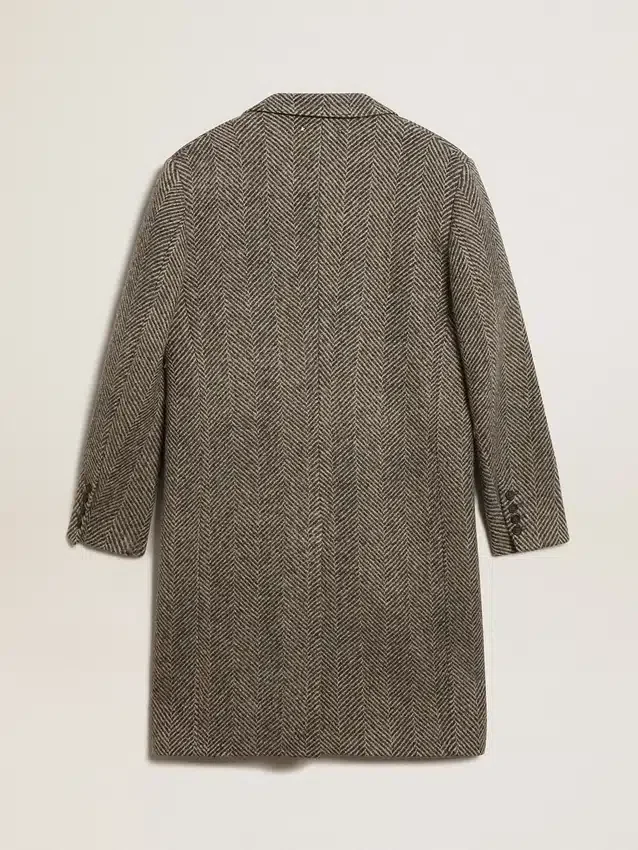 Manteau en laine pour homme à simple boutonnage, avec un tissage à chevrons beige et gris