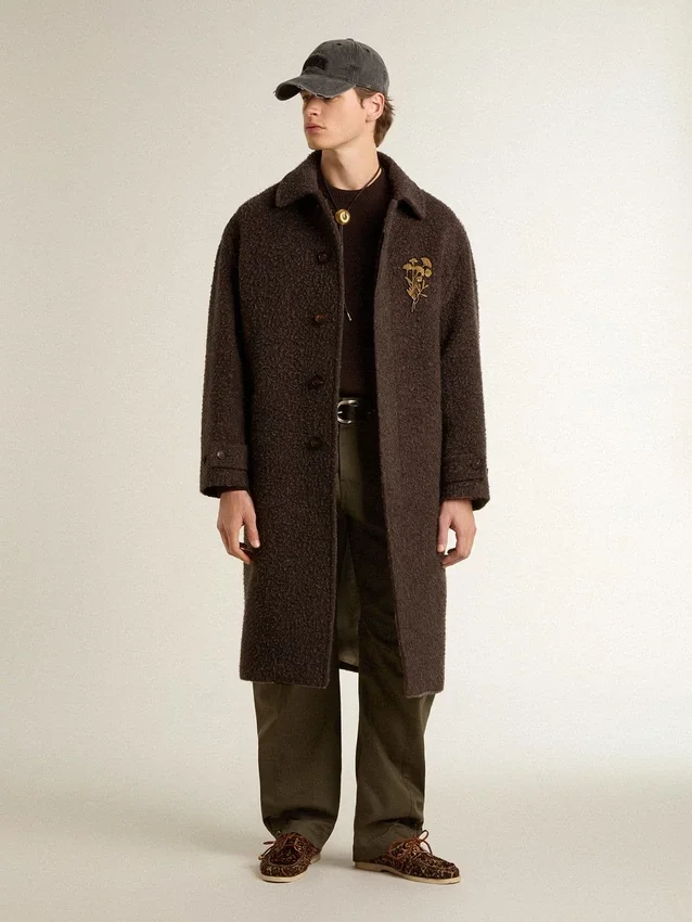 Manteau Journey pour homme à simple boutonnage en laine mélangée froissée avec broche florale