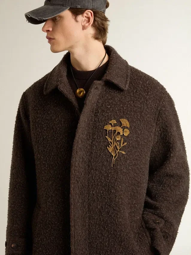 Manteau Journey pour homme à simple boutonnage en laine mélangée froissée avec broche florale