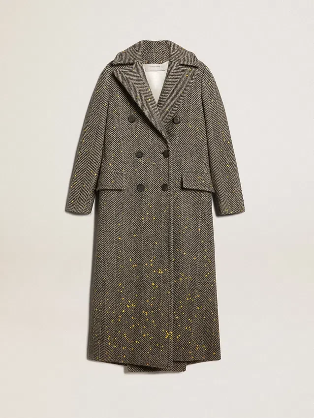 Manteau long à chevrons pour femme avec détails jaunes