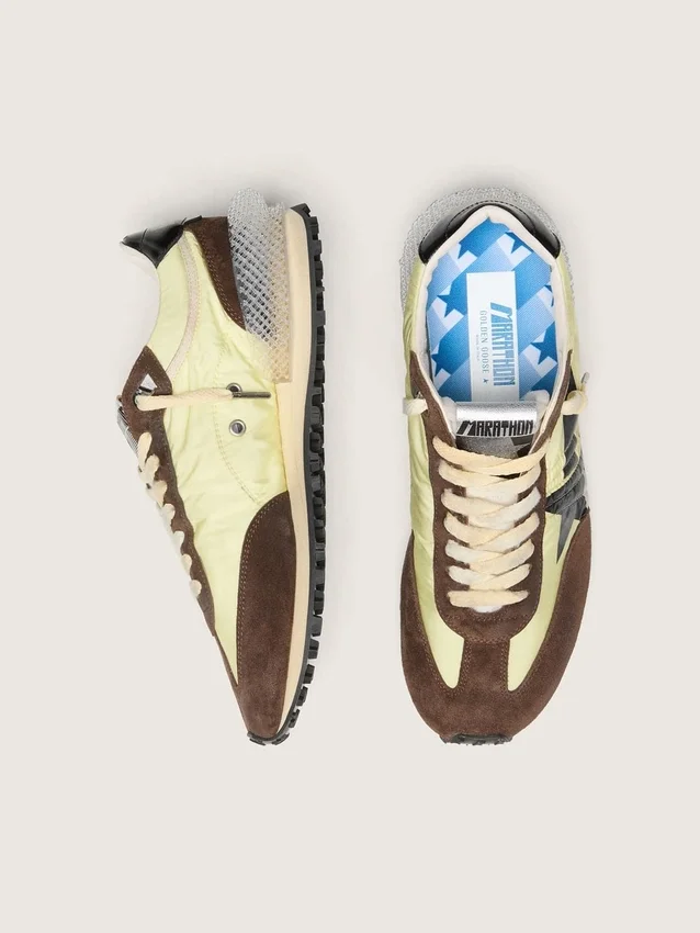 Marathon pour femme en nylon vert citron avec étoile noire et empiècements en daim marron
