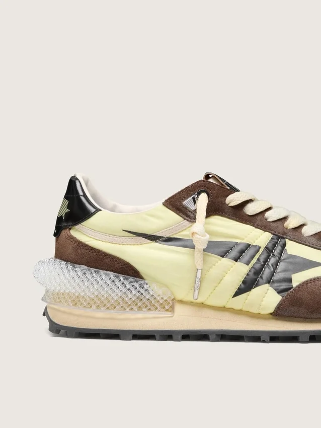 Marathon pour femme en nylon vert citron avec étoile noire et empiècements en daim marron