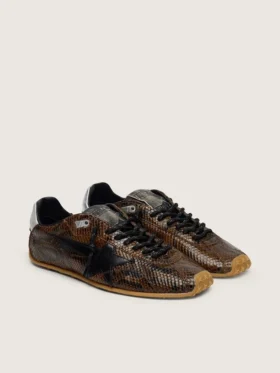 Marathon Speed pour homme en cuir avec imprimé serpent marron, étoile noire et languette de talon en cuir argenté