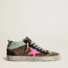 Mid Star en cuir de poney imprimé léopard avec étoile en cuir fuchsia