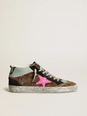 Mid Star en cuir de poney imprimé léopard avec étoile en cuir fuchsia