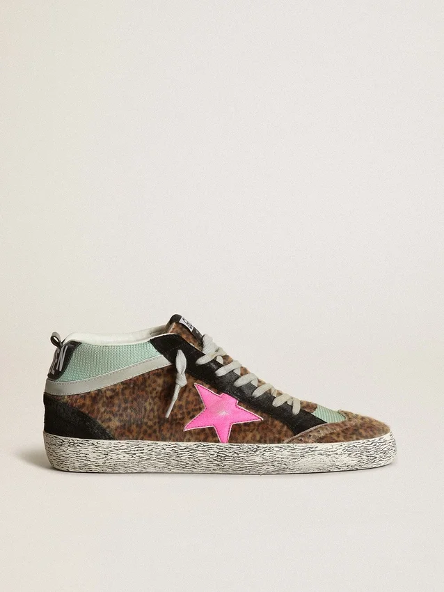 Mid Star en cuir de poney imprimé léopard avec étoile en cuir fuchsia