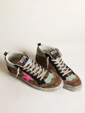 Mid Star en cuir de poney imprimé léopard avec étoile en cuir fuchsia