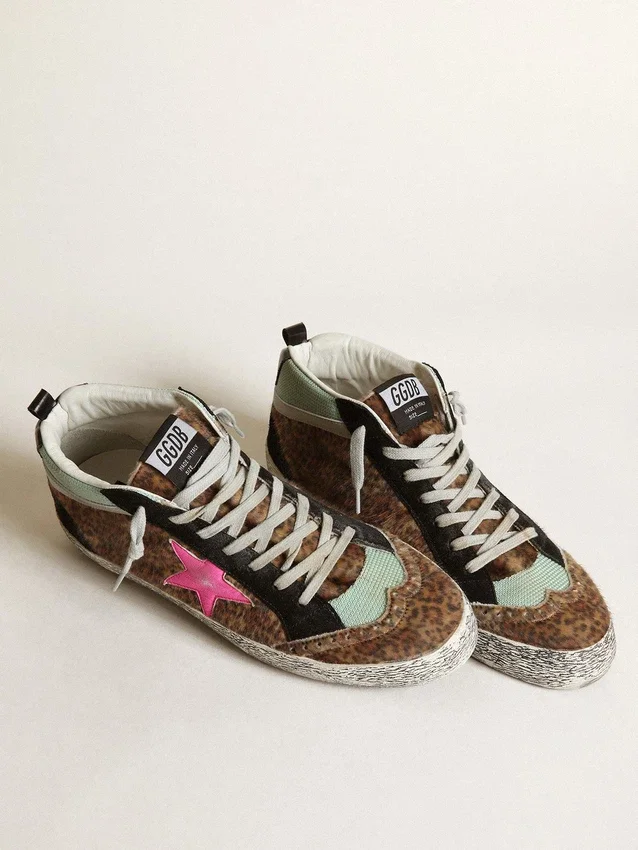 Mid Star en cuir de poney imprimé léopard avec étoile en cuir fuchsia