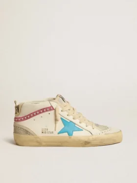 Mid Star pour femme en cuir avec étoile bleu clair et empiècement en daim fuchsia orné de clous platine