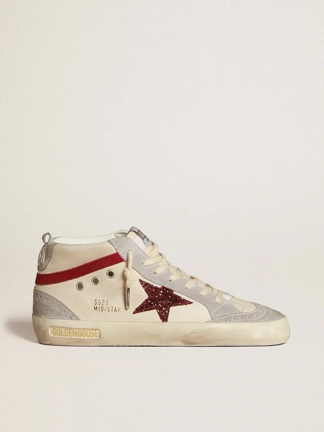 Mid Star pour femme en cuir avec étoile pailletée et empiècement en nubuck rouge