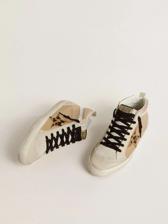 Mid Star pour femme en cuir Naplak beige avec étoile en peau de poney à imprimé léopard