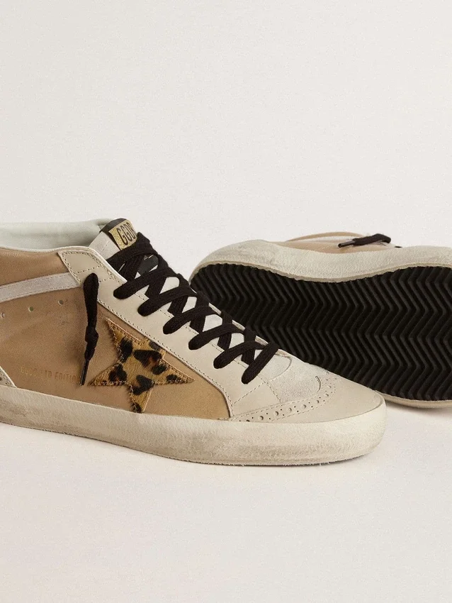 Mid Star pour femme en cuir Naplak beige avec étoile en peau de poney à imprimé léopard