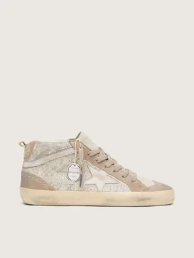 Mid Star pour femme en daim beige avec Swarovski argentés et étoile en cuir blanc