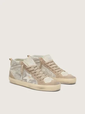 Mid Star pour femme en daim beige avec Swarovski argentés et étoile en cuir blanc