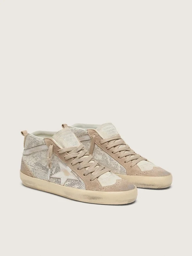 Mid Star pour femme en daim beige avec Swarovski argentés et étoile en cuir blanc