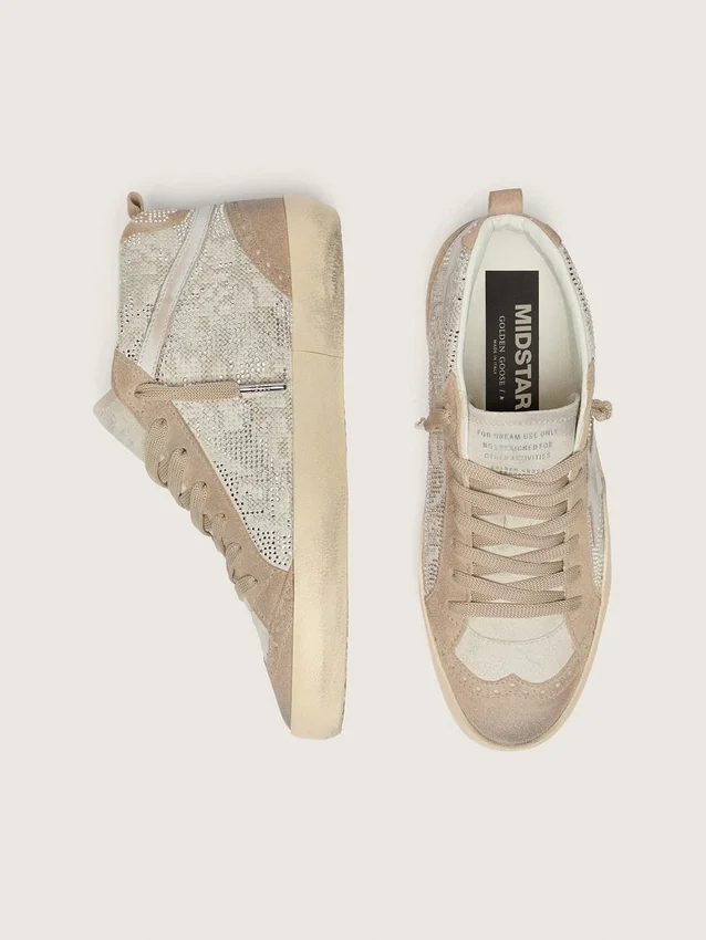 Mid Star pour femme en daim beige avec Swarovski argentés et étoile en cuir blanc