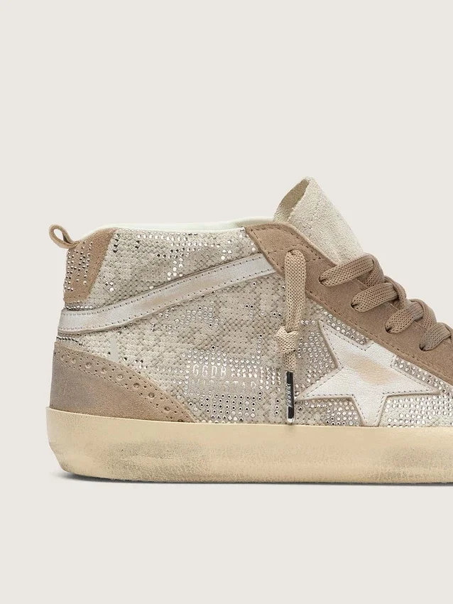 Mid Star pour femme en daim beige avec Swarovski argentés et étoile en cuir blanc