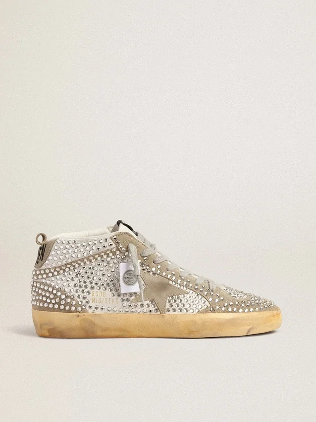 Mid Star pour femme en daim blanc et gris tourterelle, ornée de cristaux Swarovski