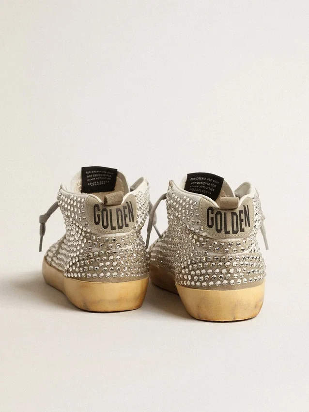 Mid Star pour femme en daim blanc et gris tourterelle, ornée de cristaux Swarovski