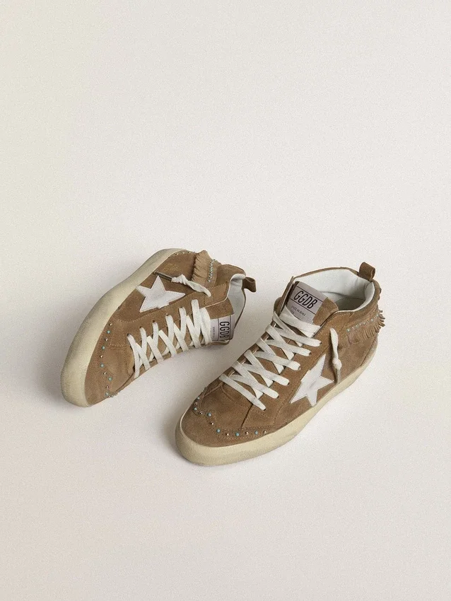 Mid Star pour femme en daim couleur tabac avec franges et clous