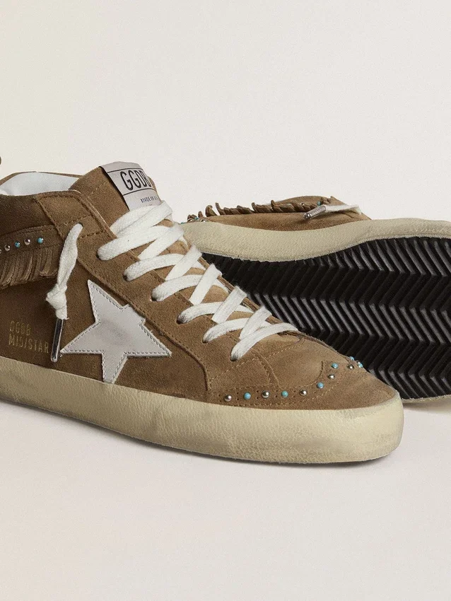 Mid Star pour femme en daim couleur tabac avec franges et clous