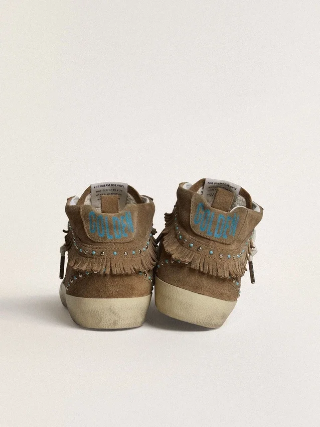 Mid Star pour femme en daim couleur tabac avec franges et clous