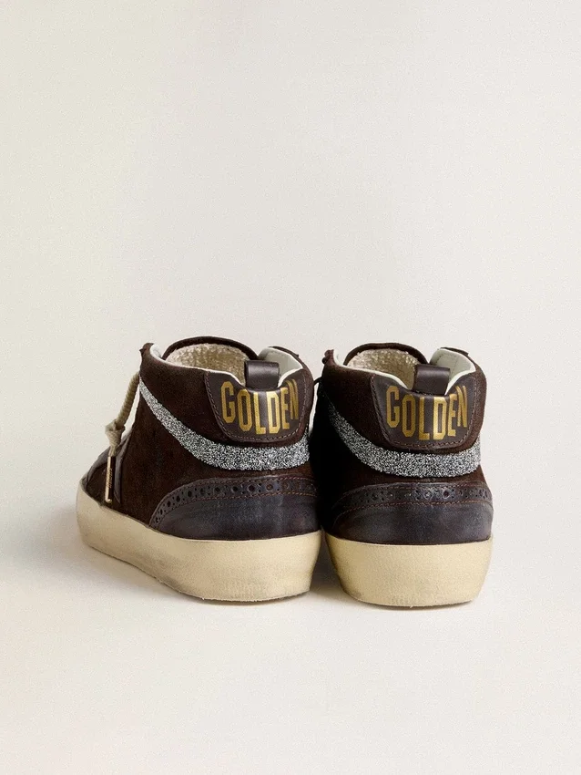 Mid Star pour femme en daim marron avec étoile en cuir et strass Swarovski