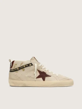 Mid Star pour femme en daim nacré avec étoile en cuir bordeaux et empiècements nacrés et brodés