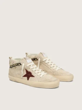 Mid Star pour femme en daim nacré avec étoile en cuir bordeaux et empiècements nacrés et brodés