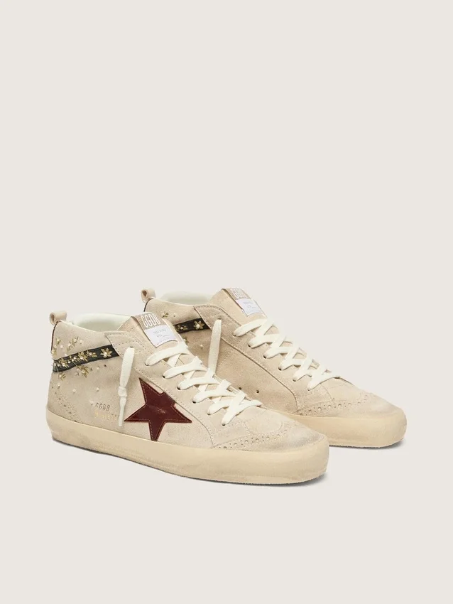 Mid Star pour femme en daim nacré avec étoile en cuir bordeaux et empiècements nacrés et brodés