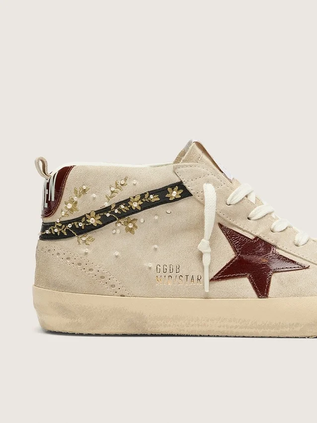 Mid Star pour femme en daim nacré avec étoile en cuir bordeaux et empiècements nacrés et brodés