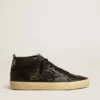Mid Star pour femme en nappa noir avec étoile pailletée noire et empiècement en daim