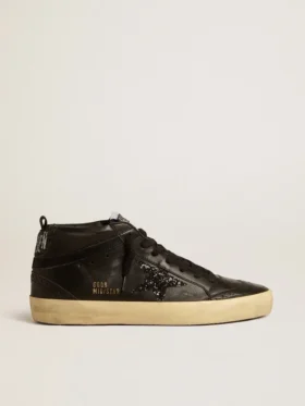 Mid Star pour femme en nappa noir avec étoile pailletée noire et empiècement en daim
