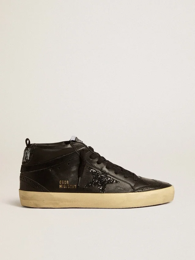 Mid Star pour femme en nappa noir avec étoile pailletée noire et empiècement en daim