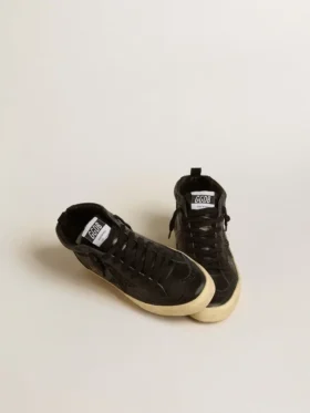 Mid Star pour femme en nappa noir avec étoile pailletée noire et empiècement en daim