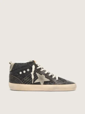 Mid Star pour femme en paillettes noires avec étoile et languette au talon en daim gris tourterelle