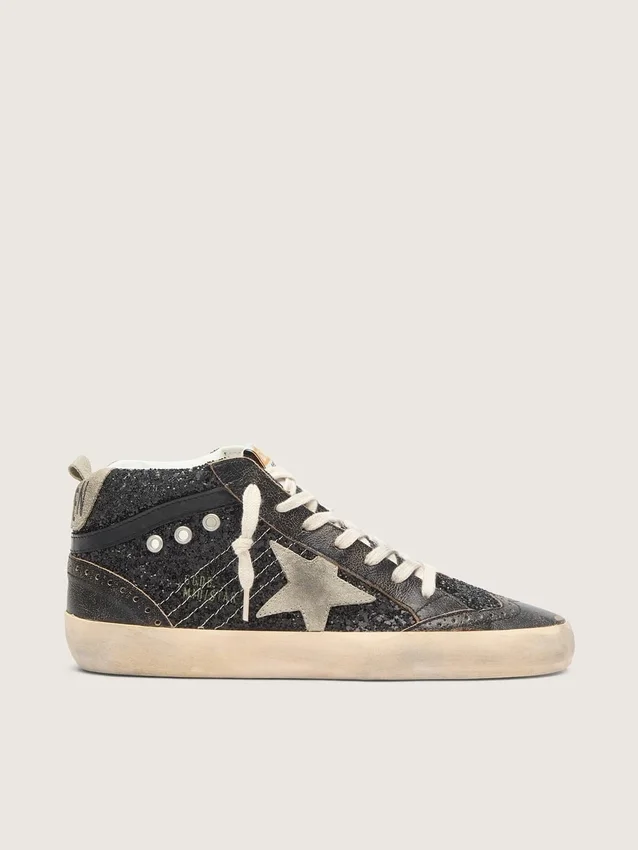 Mid Star pour femme en paillettes noires avec étoile et languette au talon en daim gris tourterelle