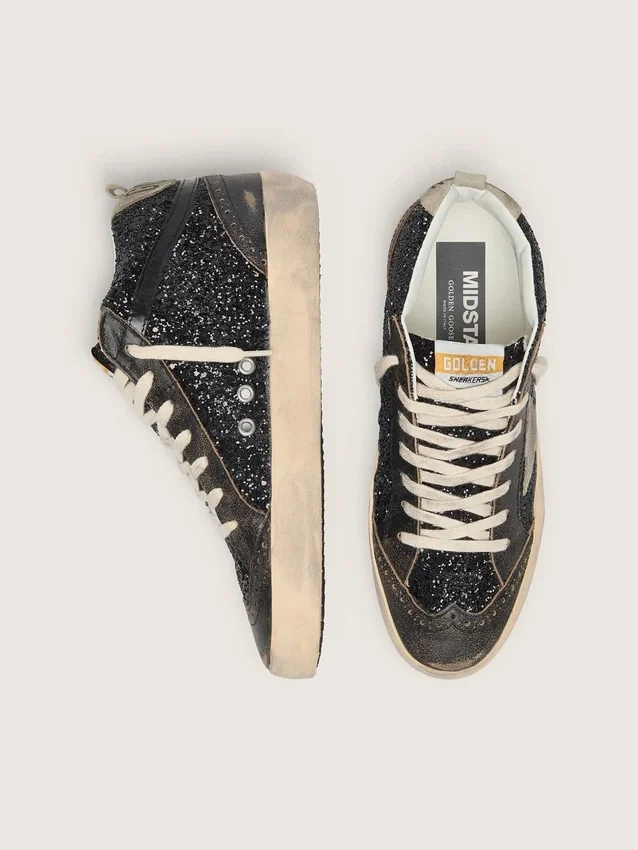 Mid Star pour femme en paillettes noires avec étoile et languette au talon en daim gris tourterelle
