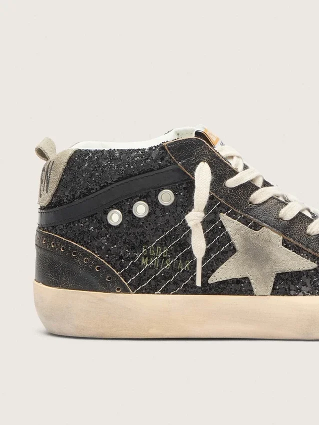 Mid Star pour femme en paillettes noires avec étoile et languette au talon en daim gris tourterelle