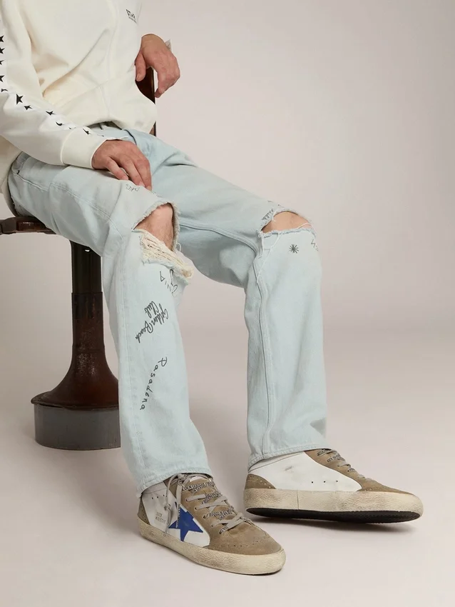 Mid Star pour homme avec étoile en cuir bleu et empiècements en daim gris tourterelle