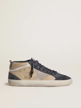 Mid Star pour homme en daim beige et bleu avec étoile en cuir nappa gris et bande en cuir blanc