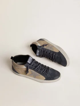 Mid Star pour homme en daim beige et bleu avec étoile en cuir nappa gris et bande en cuir blanc