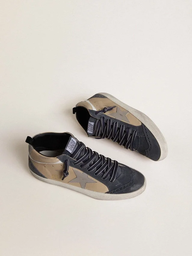 Mid Star pour homme en daim beige et bleu avec étoile en cuir nappa gris et bande en cuir blanc