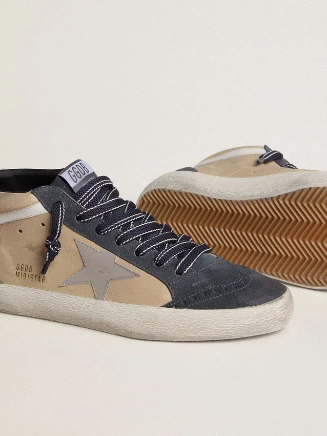 Mid Star pour homme en daim beige et bleu avec étoile en cuir nappa gris et bande en cuir blanc