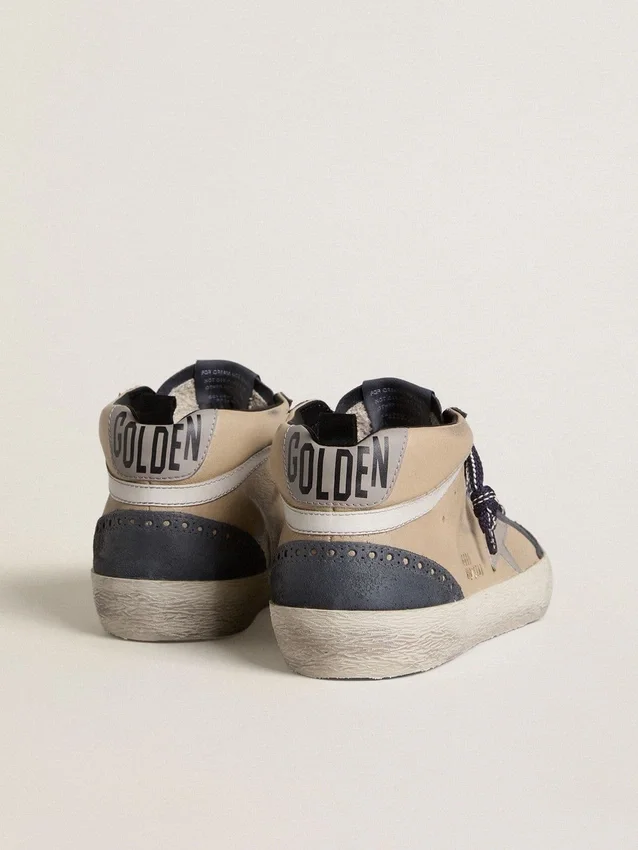 Mid Star pour homme en daim beige et bleu avec étoile en cuir nappa gris et bande en cuir blanc
