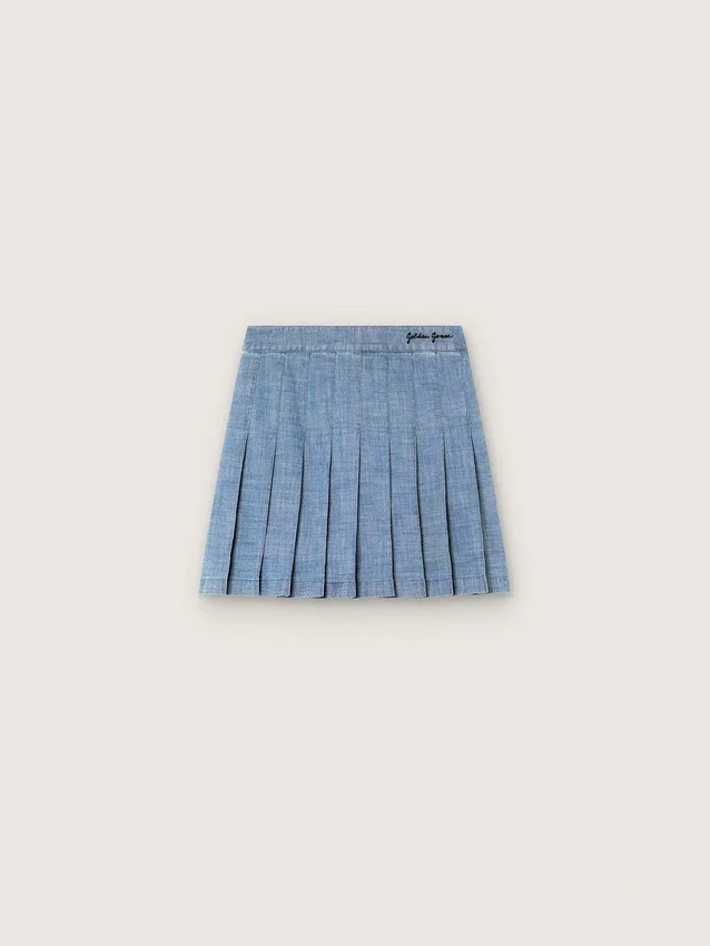 Mini-jupe plissée Journey pour filles en chambray de coton bleu clair avec logo brodé