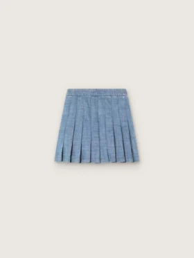 Mini-jupe plissée Journey pour filles en chambray de coton bleu clair avec logo brodé