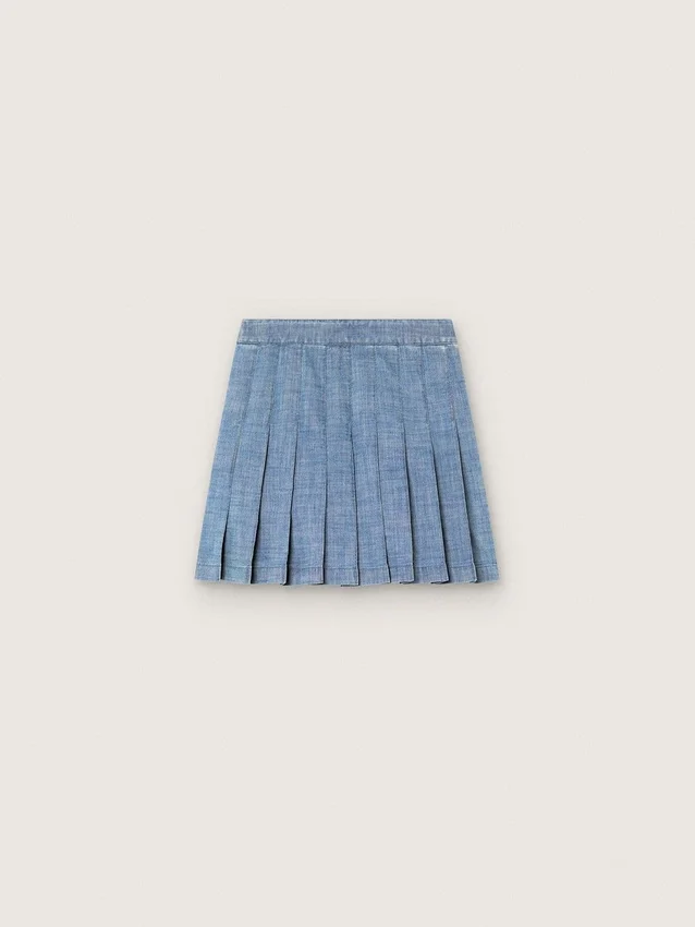 Mini-jupe plissée Journey pour filles en chambray de coton bleu clair avec logo brodé