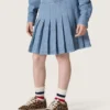 Mini-jupe plissée Journey pour filles en chambray de coton bleu clair avec logo brodé