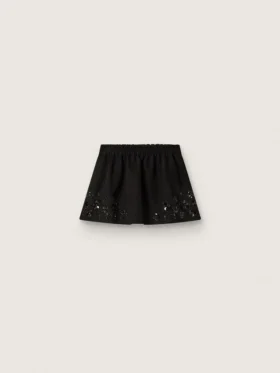 Mini-jupe pour femme en sergé de coton noir avec broderie florale en paillettes